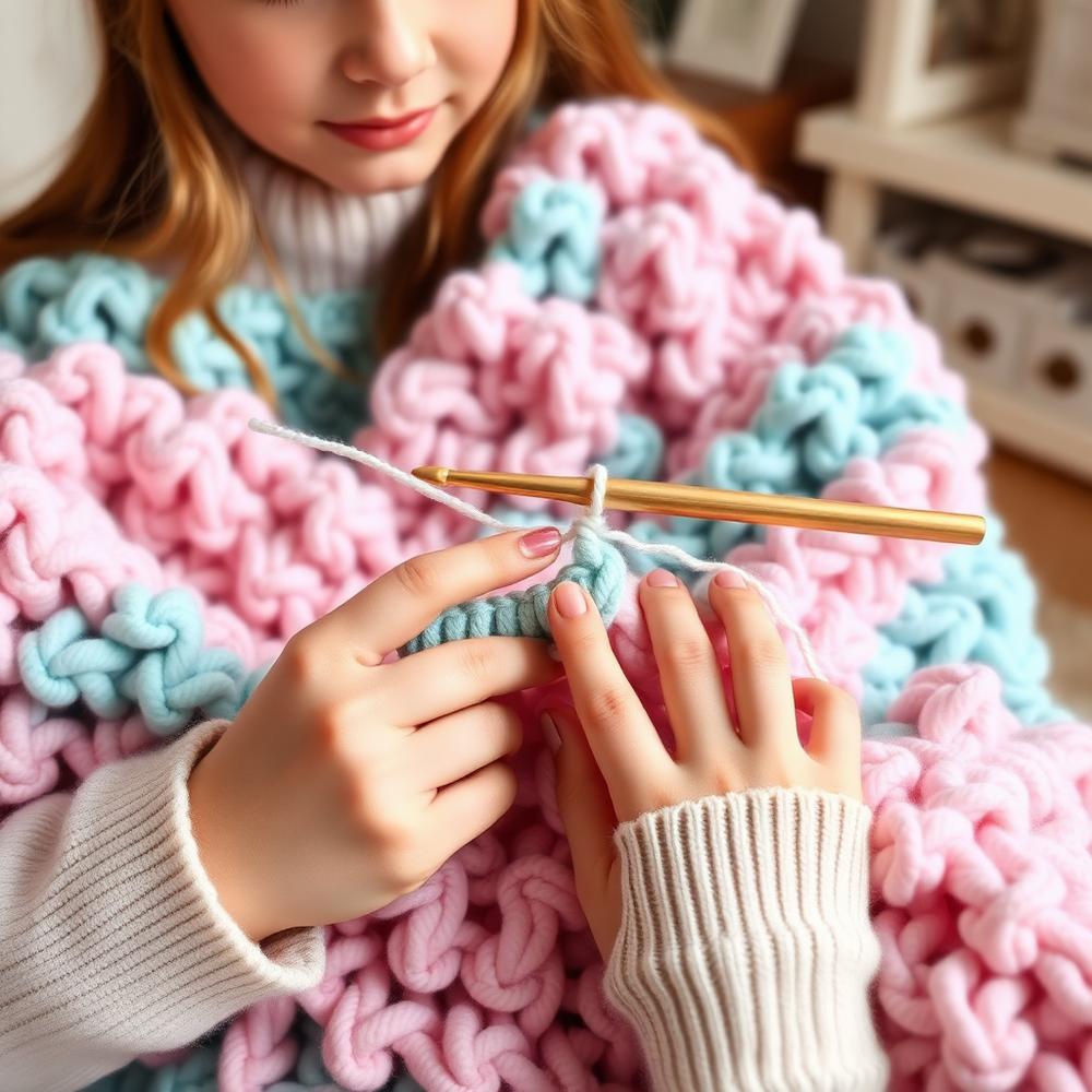 Ava crocheting a chunky pastel blanket with a large hook